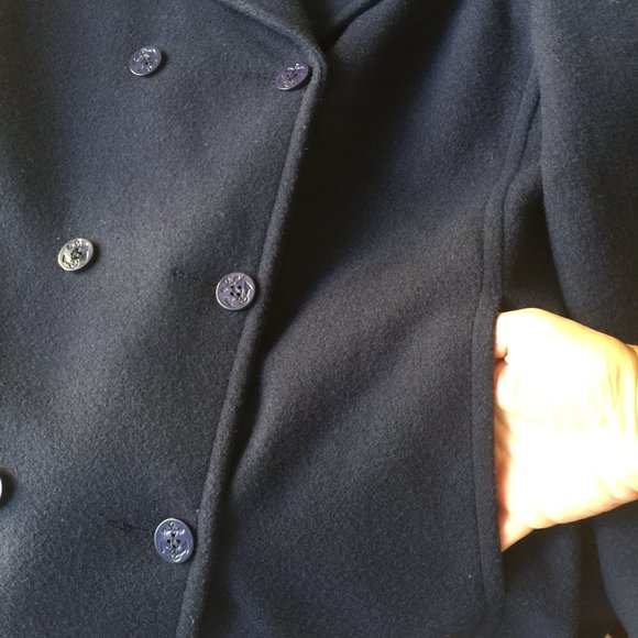 Real Comfort Wool Pea Coat Navy Blue Double Breasted L Vintage - Picture 7 of 12